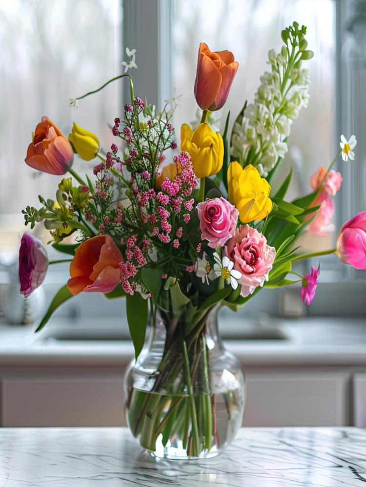 Kleurig boeket in doorzichtige vaas met tulpen en rozen.