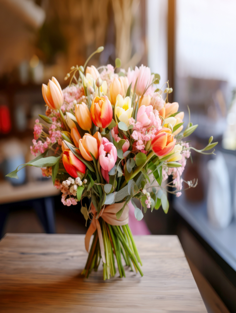 Fleurige tulpen boeket afgewerkt met lint als cadeau.