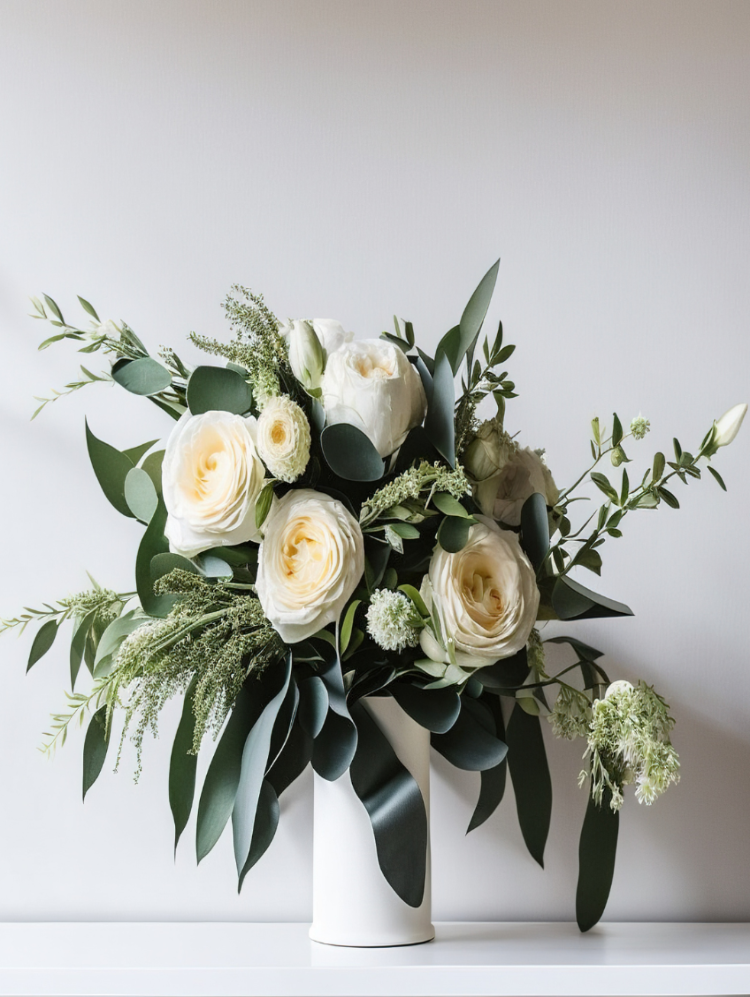 Bloemenabonnement boeket met witte bloemen in witte vaas voor op kantoor.