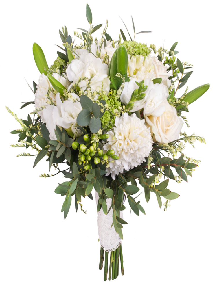 Groot wit boeket met kantlint afgwerkt en geleverd met bloemenabonnement.